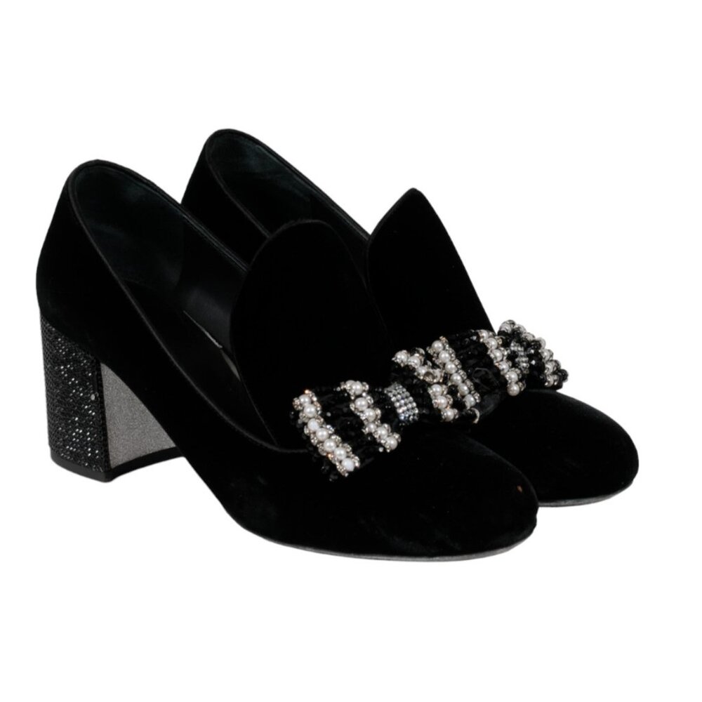 Rene Caovilla Womens Embellished Bow Loafer US 7 EU 37 Black Velvet Pearl Pumps